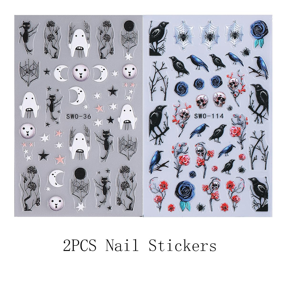 2Pcs Halloween 5D Nail Art Stickers – Black Red Roses Crow Skulls and Black C…
