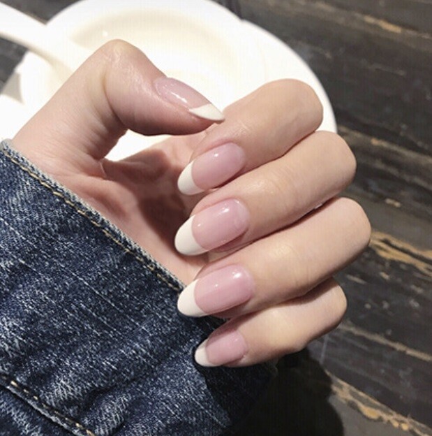 Handmade Press On Nails – Glossy Short French Tip Nails, Square Coffin Almond