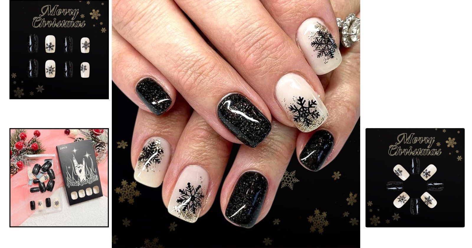 Black Press on Nails Medium Square Fake Nails with Designs Snowflake Stick