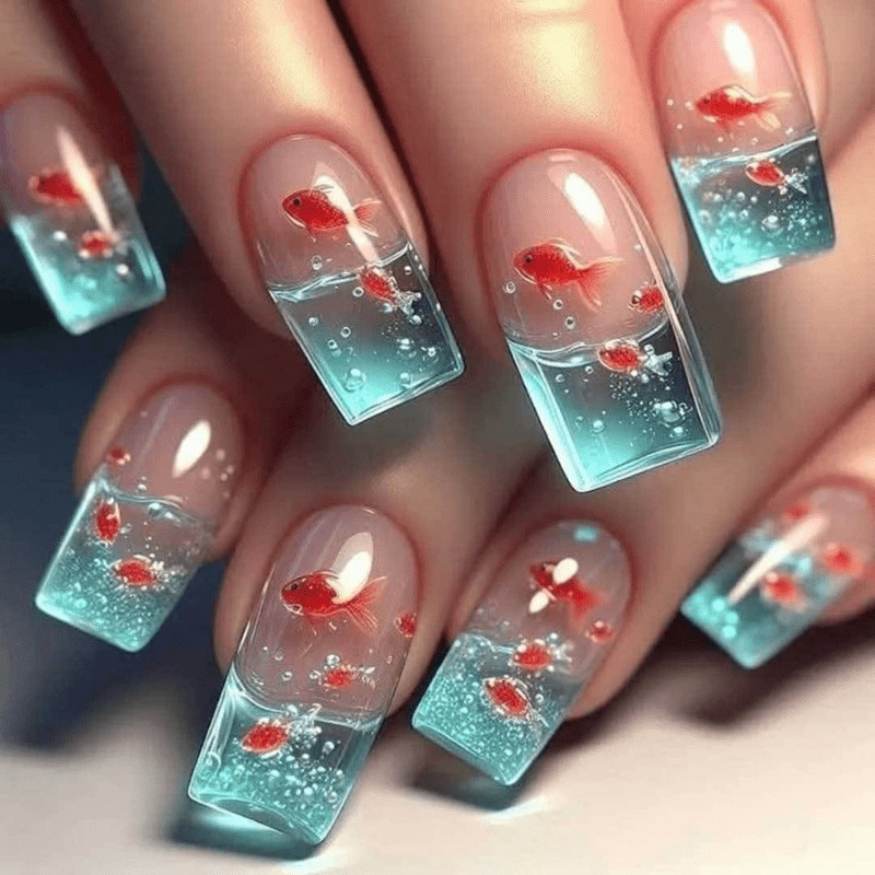 48 Pcs Goldfish Ombre Press on Nails, Medium Coffin Clear 3D False Nails