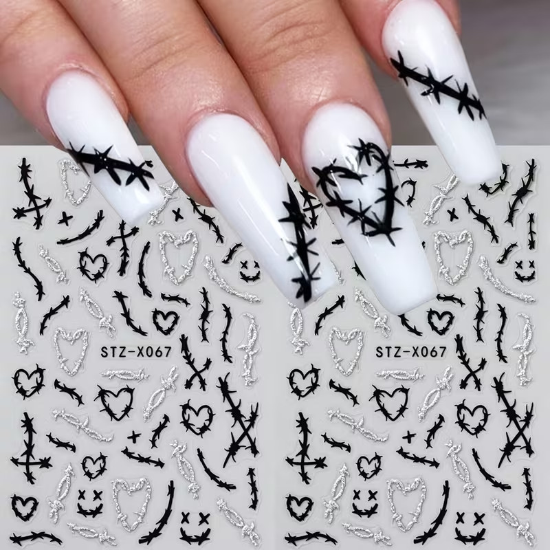 Black Heart & Thorn Nail Art Stickers Gothic Silvery Pattern Self-Adhesive