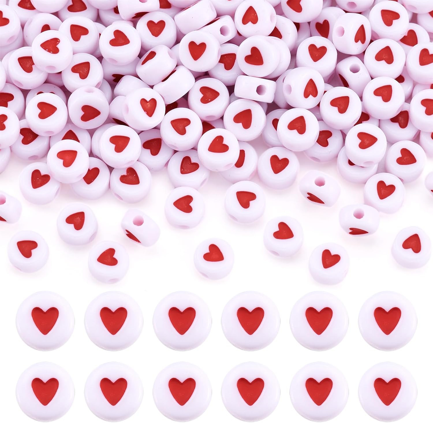 200Pcs White Acrylic Red Heart Beads Flat round Love Heart Disc Coin Pony Beads