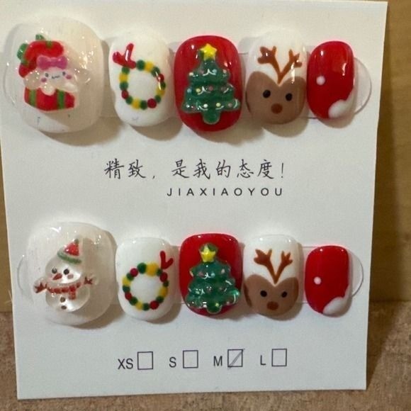 Christmas Press On Nails 3D Santa Snowman Reindeer Holiday Set Size M