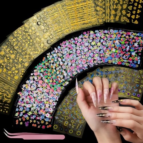 50 Sheets Nail Stickers for Nail Art, Colorful Floral/Gold Classic Design