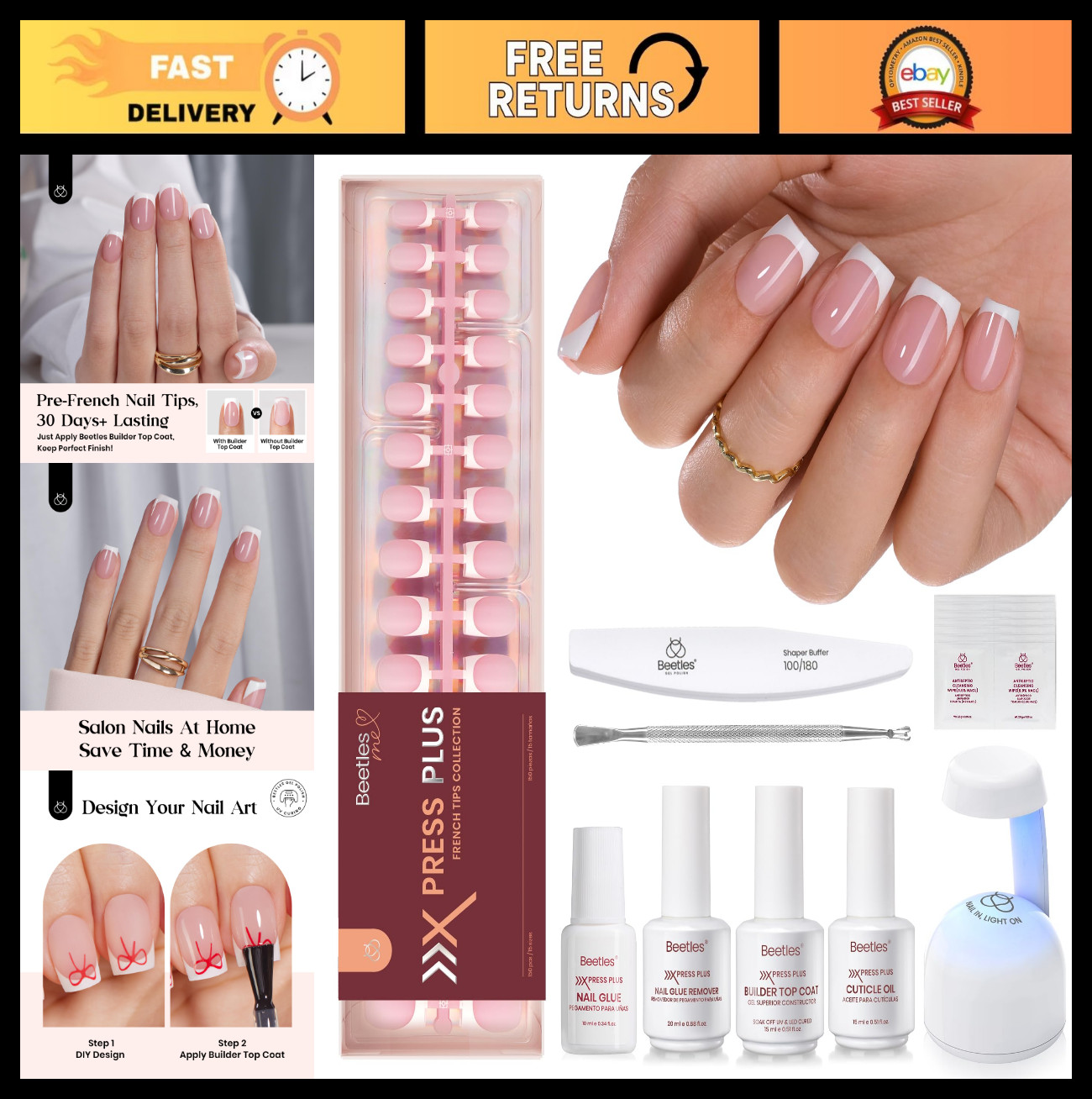 Short Square French Tip Press-On Nail Kit – 150 Pcs Pink, 15 Sizes, Glue & Lamp