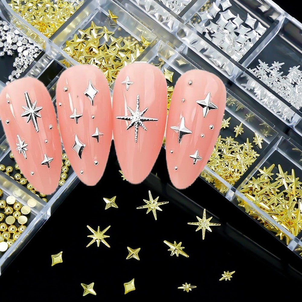 Silver Gold Star Cross Nail Charms Set 2 Boxes Metal Studs Nail Art Decorations