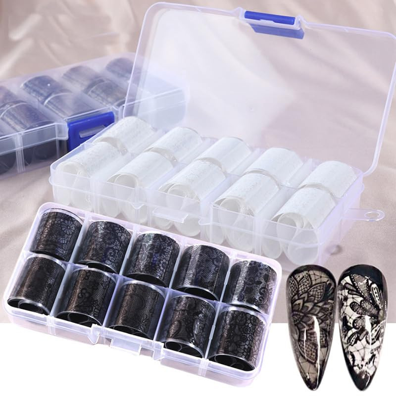 2 Boxes 20 Rolls White&Black Lace Nail Foil Sheets Holographic Nail Art Foil
