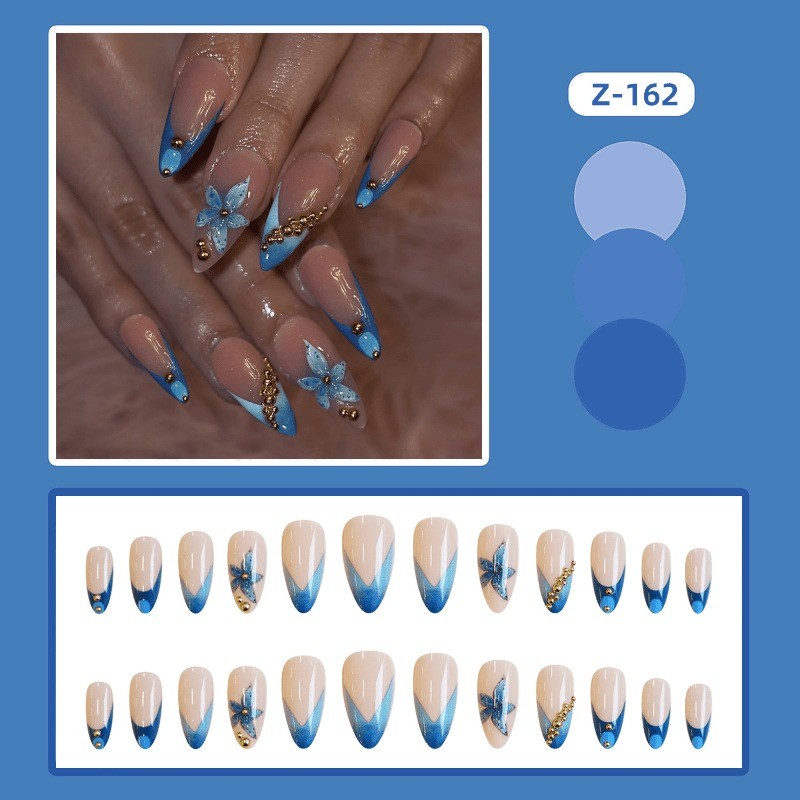 48 Pieces of Light Blue Gold-plated Flower Removable Nails, Suitable for Women