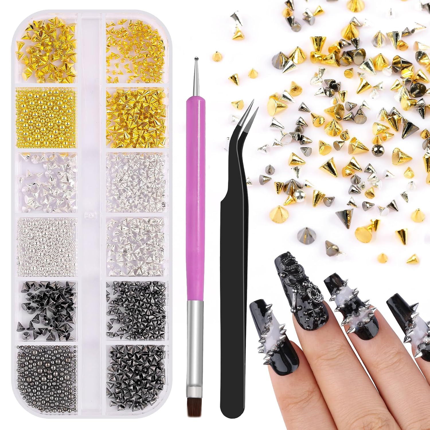 3D Mini Metal Punk Nail Art Studs, Mixed Sizes Gold Silver Black Alloy Cone Spik