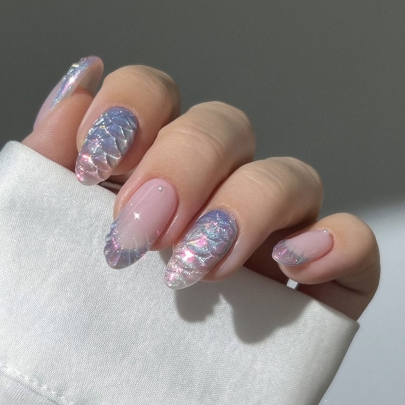 Salon Quality French Blue Fish Scale Press On Nail Almond Shape Easy To Apply