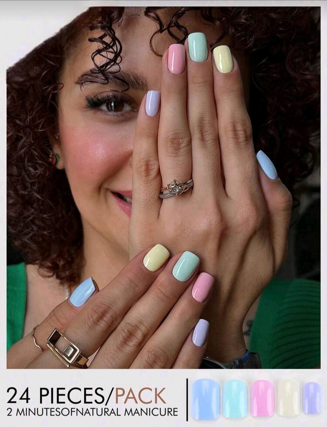 Press-On Nails Pastel Pink Pale Yellow-Green Lavender Blue Turquoise Short Shiny