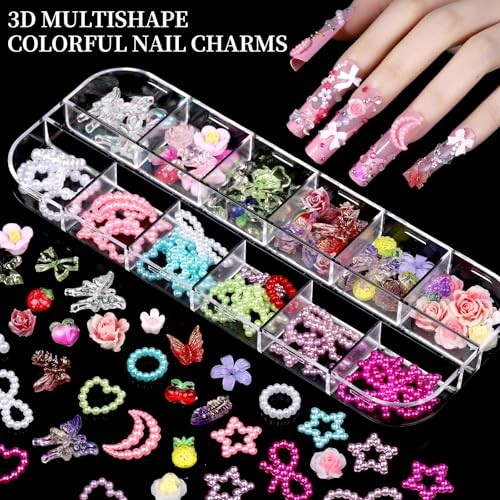 Nail Charms, 8-Box Nail Pink flower petal/clear bubble bead/orange 3D flower