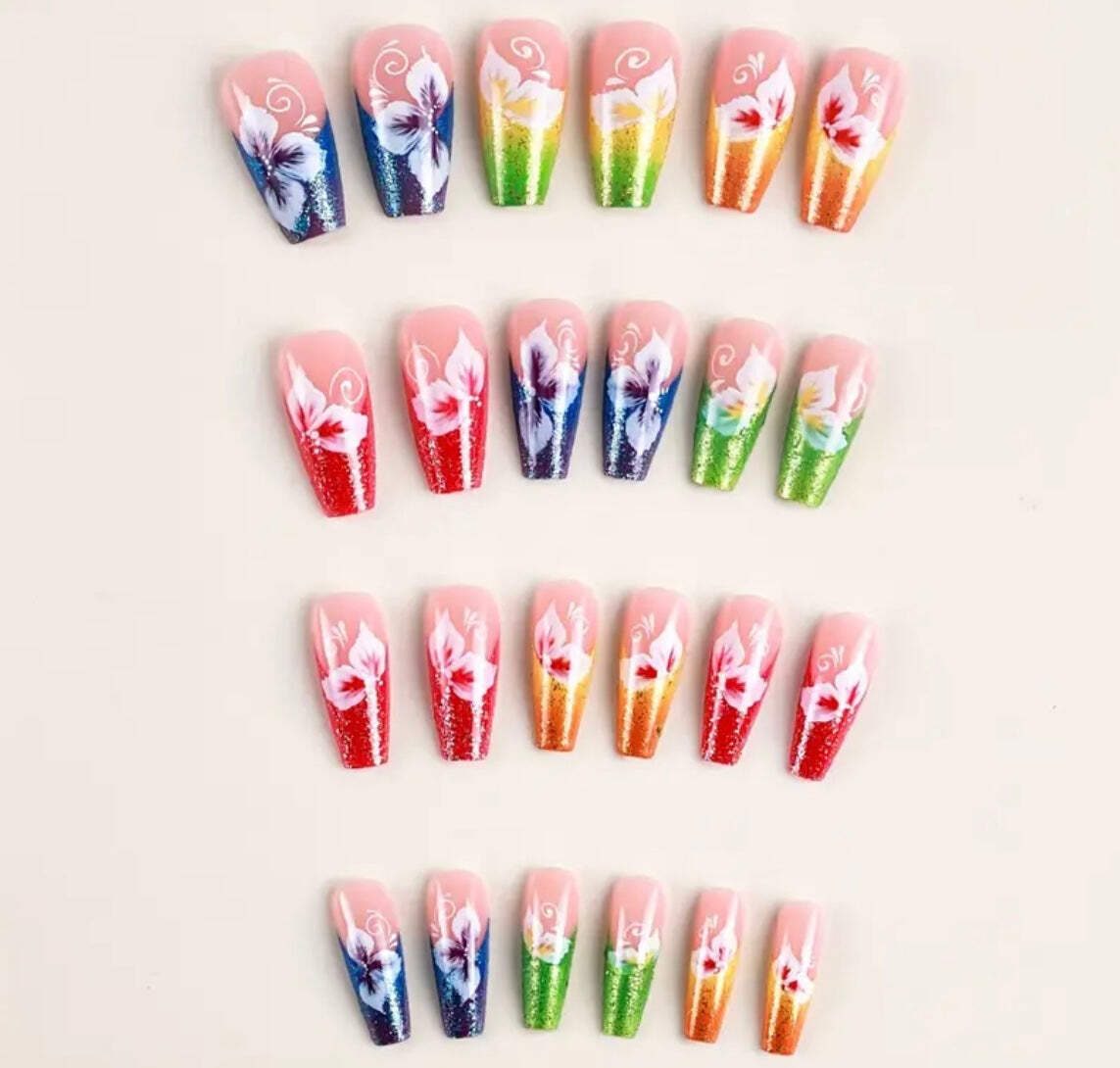 96 pcs (4 Packs) Floral Press on Nails With Rhinestones, med Ballet Shape With a