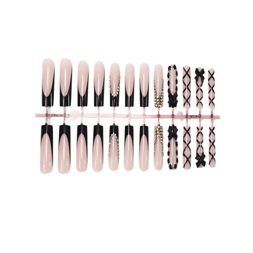 Black French Tips Press on Nails Long Square False Nails with Bow Charm Desig…