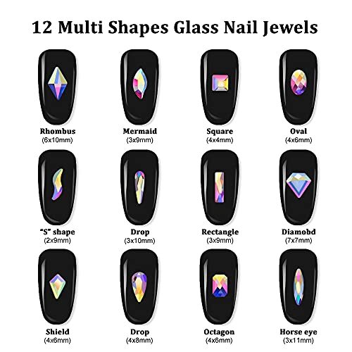 Nail Diamonds Set, Multi Shape Glass Crystal AB Nail Jewels & 21 Grids AB