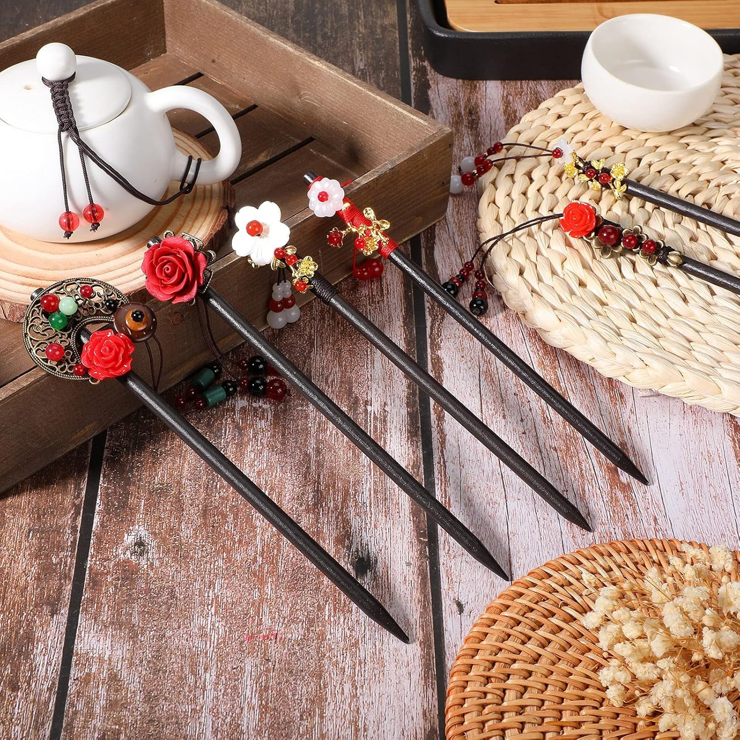 WILLBOND 6 Pcs Hair Sticks for Women Wooden Chinese Multicolor