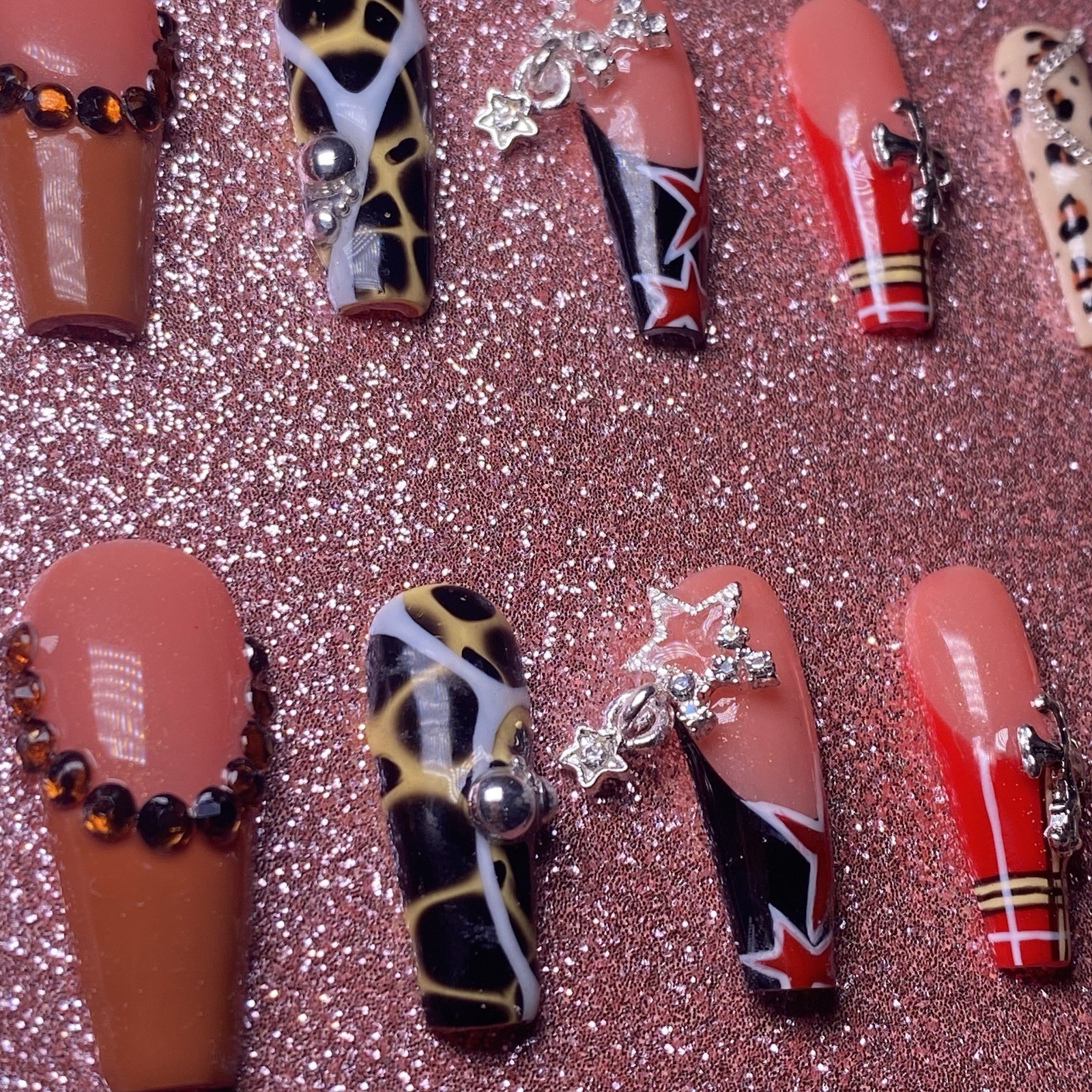Authentic Nail Arts by Dia Long Coffin Press-On Nails Multicolor 3D Shiny Set