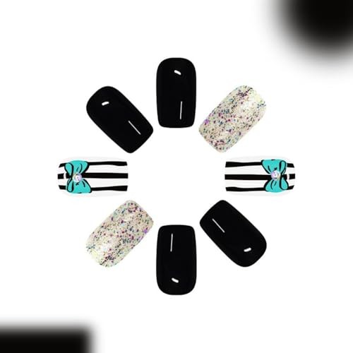 Blue Bow Rhinestone Design – Cute Press on Nails – Short Square Nails – Size a6