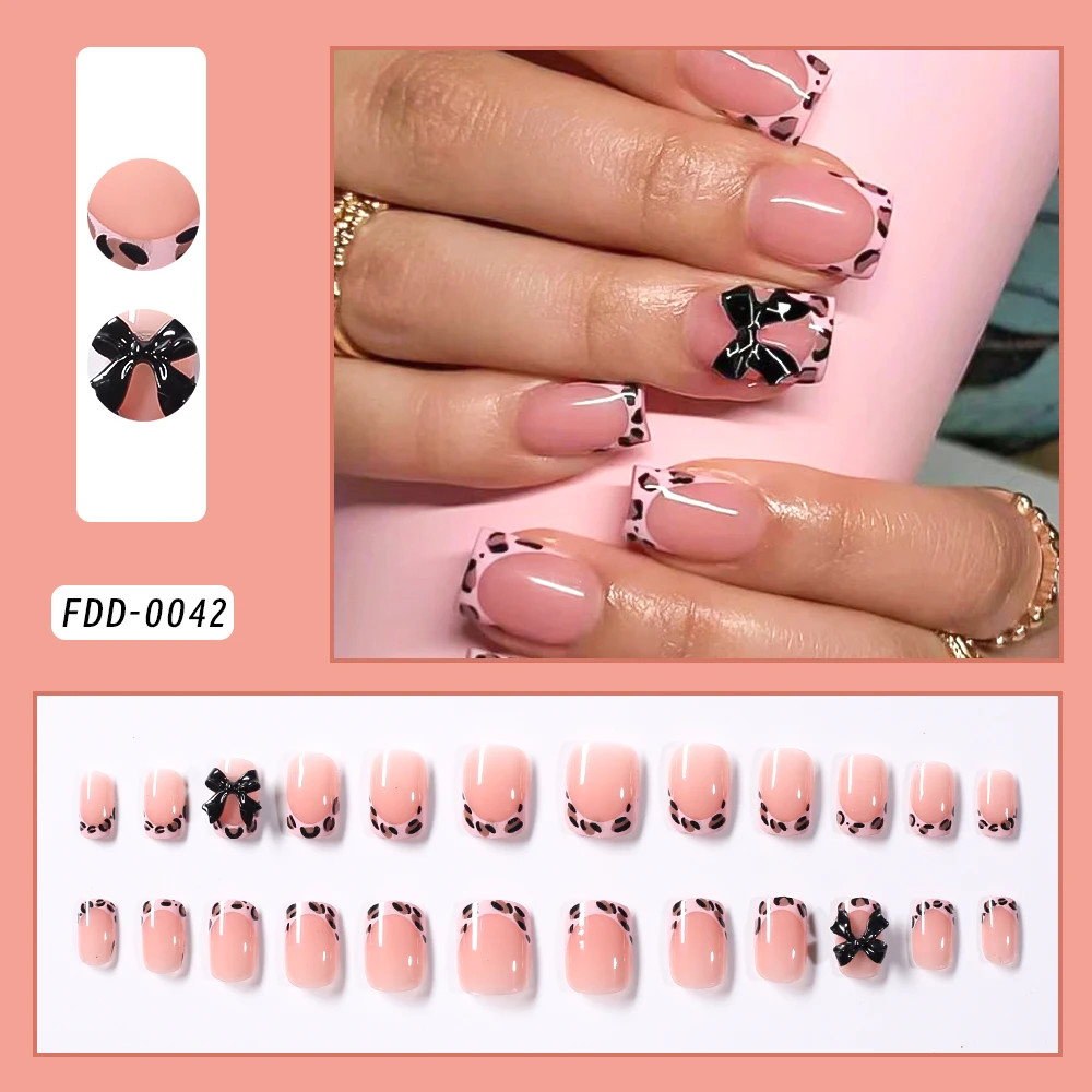 French Glitter Short Square Coffin Press on Nails Full Cover Acrylic Fake