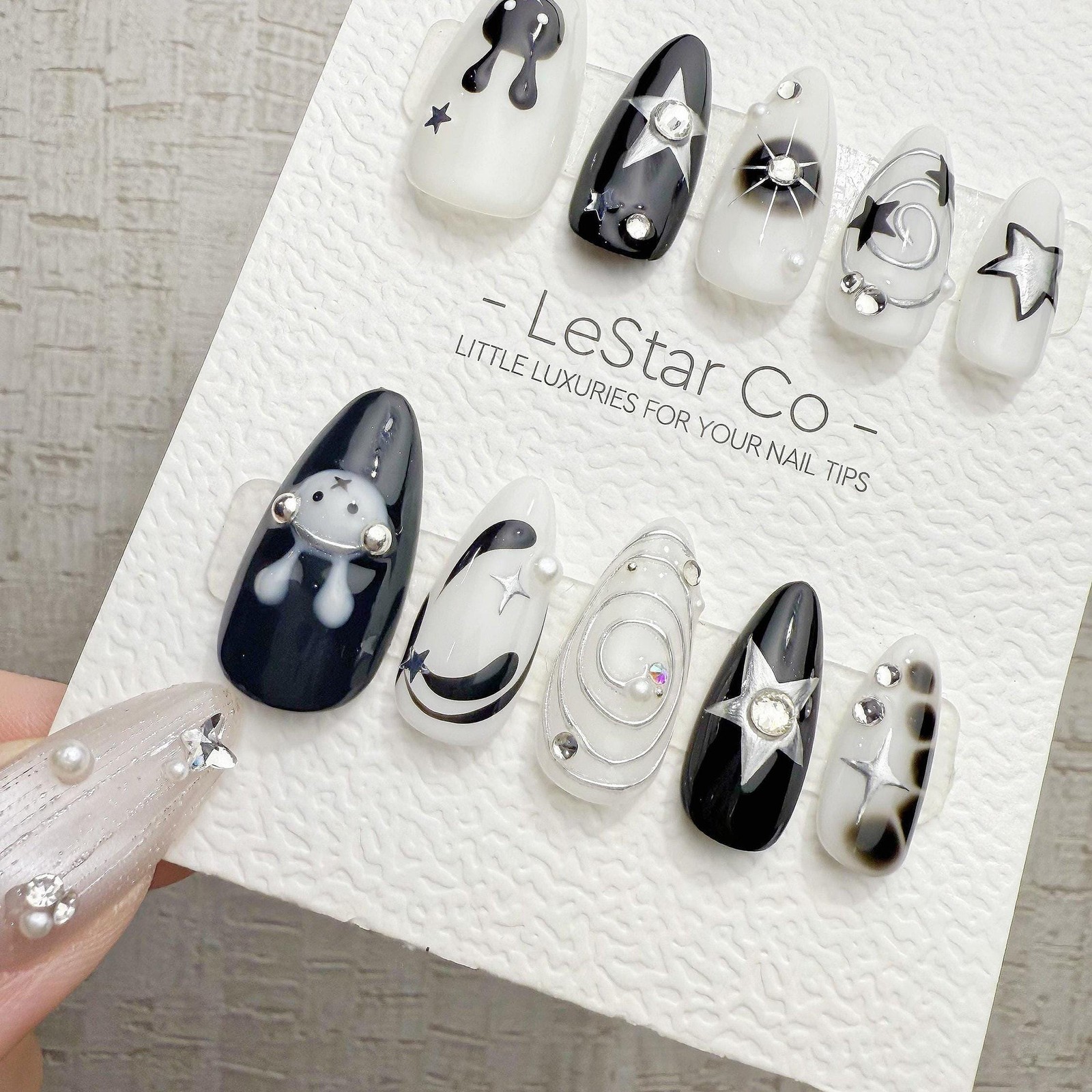 Custom Handmade Ghost Star Rhinestone Swirl Long Almond Press on Nails