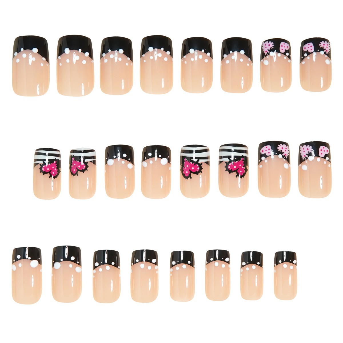 48P Short Square Press on Nails, Pink Black Heart Polka Dot Stripe Fake Nails
