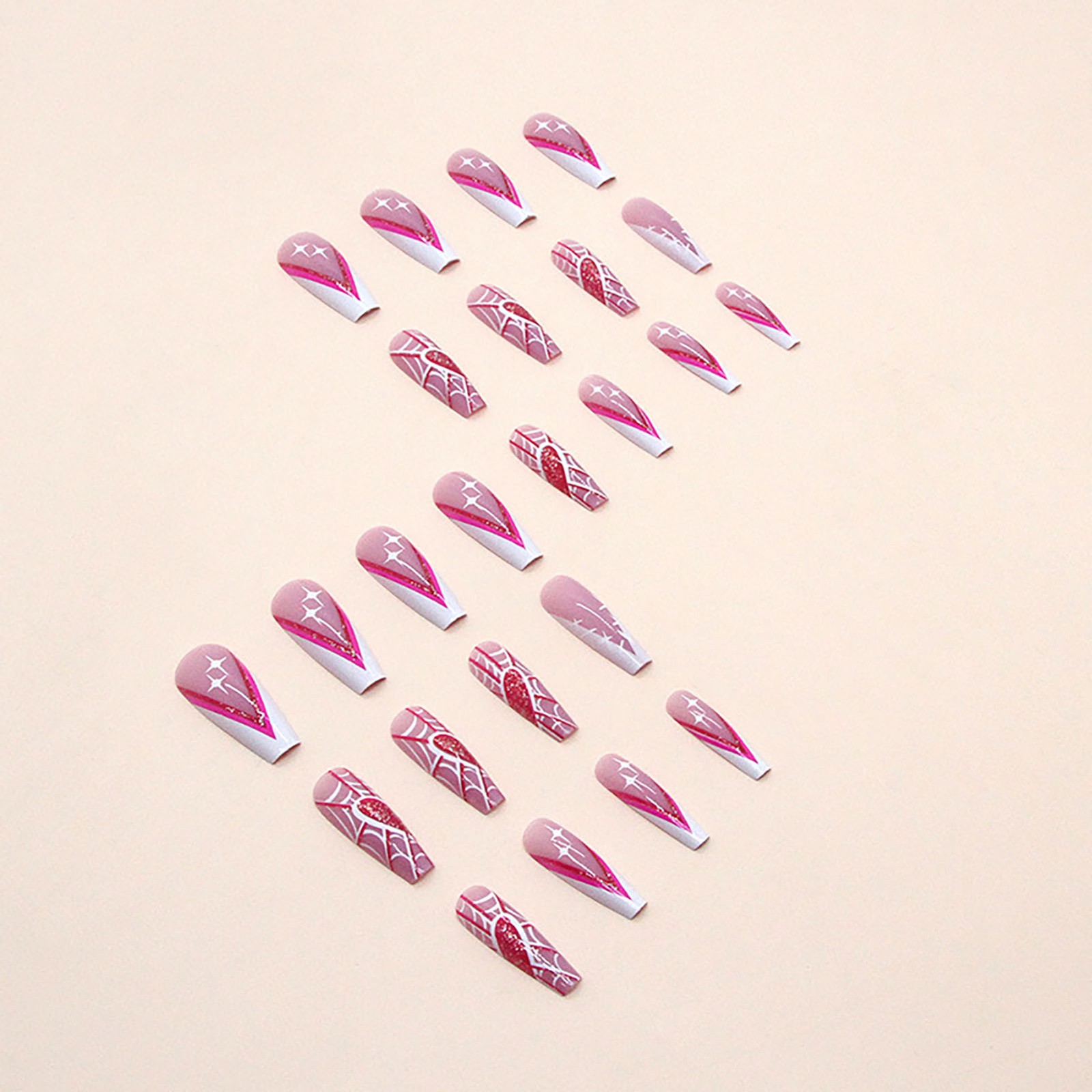 Pink Long Square French Tips,Halloween Fake Nail w/ Spider Web Printed False Nai