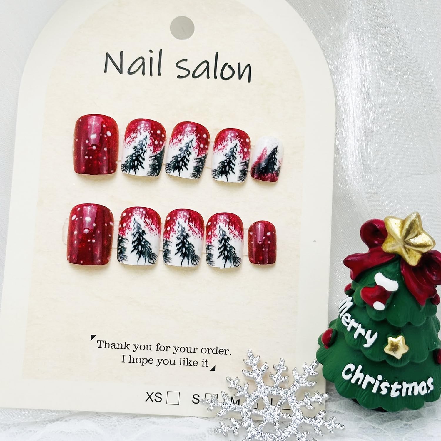 24Pcs Christmas Press on Nails Short Square Fake 12 sizes, Multicolor