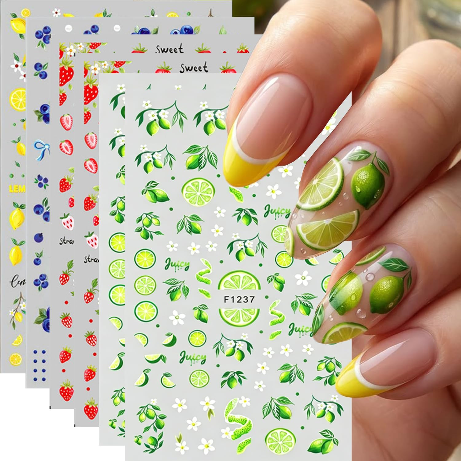 Summer Fruit Nail Art Stickers Strawberry Blueberry Nail Art Decals 3D 6Sheets L