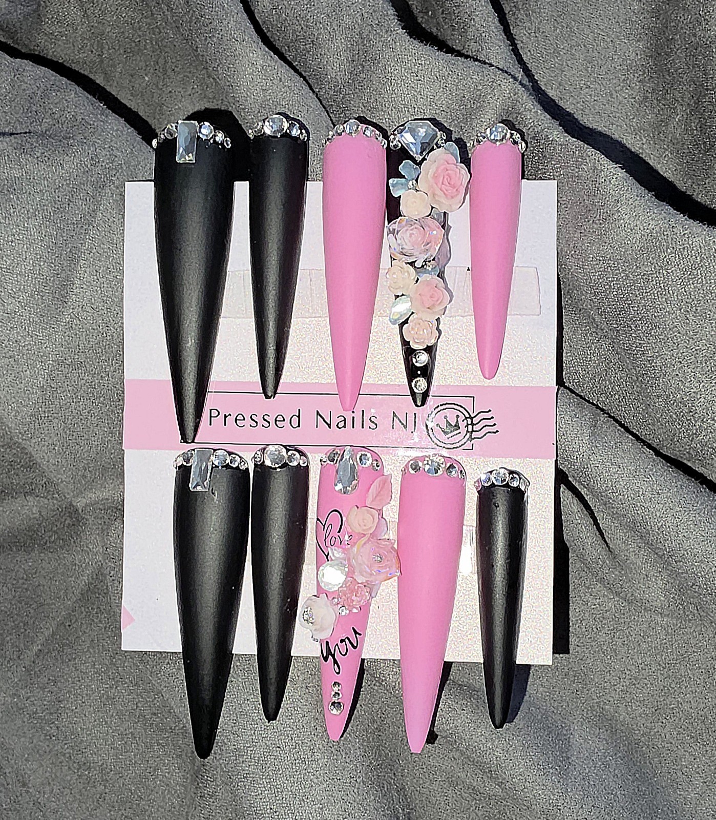 3XL Long Press On Nails Almond Shape Junk Acrylic Set Floral 3D Gems Matte Pink