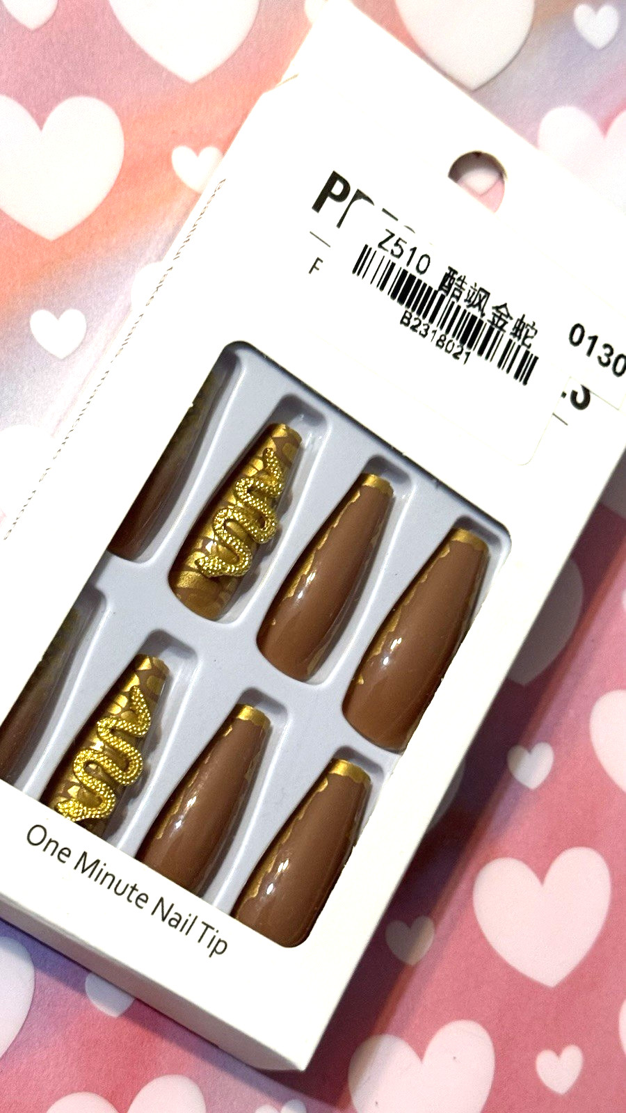 Press On Nails One Minute Nail Tip SNAKESKIN PRINT GOLD DETAILS DARK NUDE 24 NIB