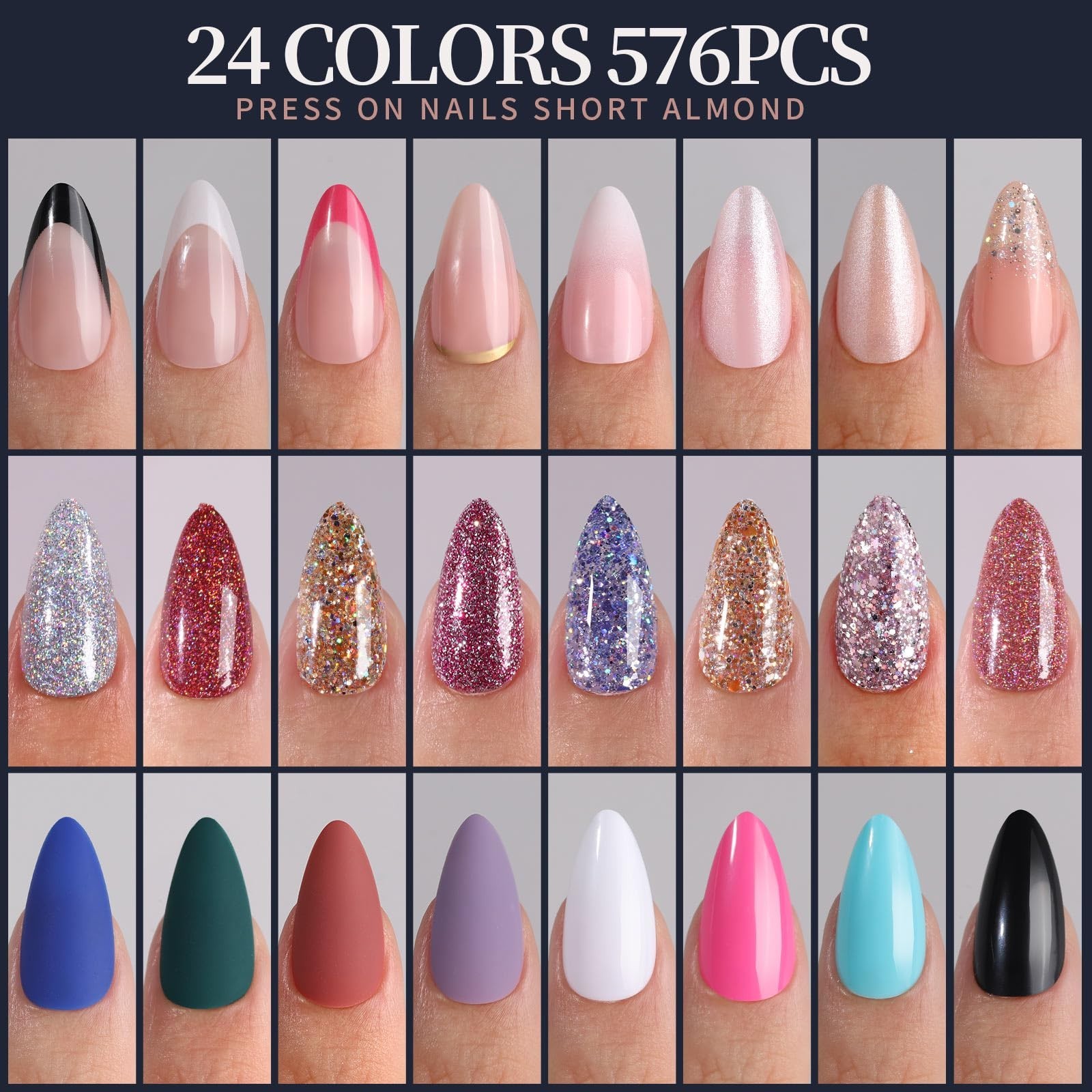 24 Colors Press on Nails – 576PCS Almond Shape, Matte & Glossy, Glitter & French