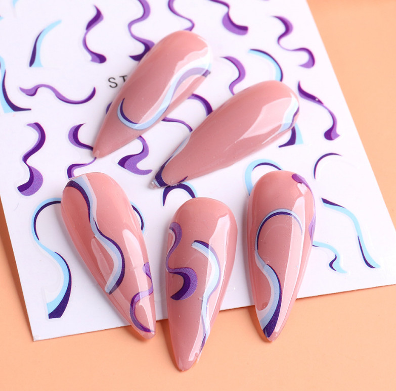 3D Holographic Pink Lines Wave Nail Stickers Decal DIY Nail Art Decoration NS7