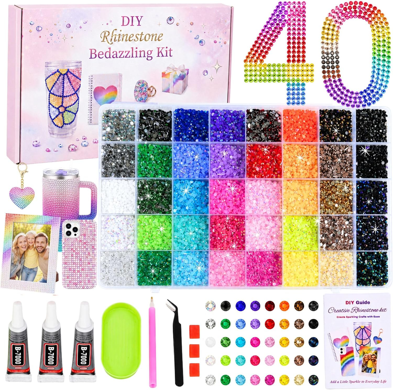 Bedazzling Kit with Rhinestones, 40 Colors 3mm 32000PCS Small Flatback Resin Rhi