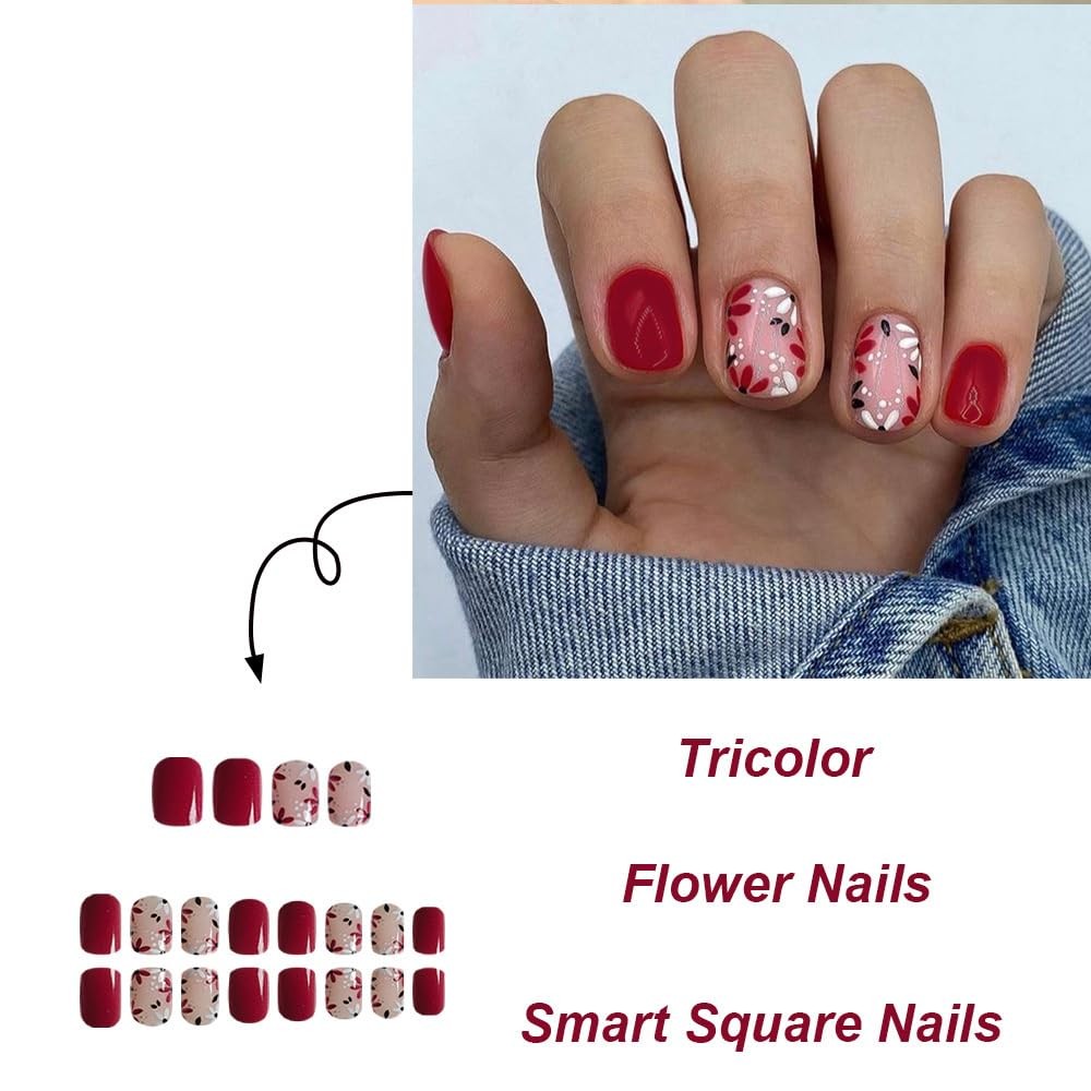Red Press on Nails Short Square 1 Fl Oz (Pack of 1) Square white Flower-red