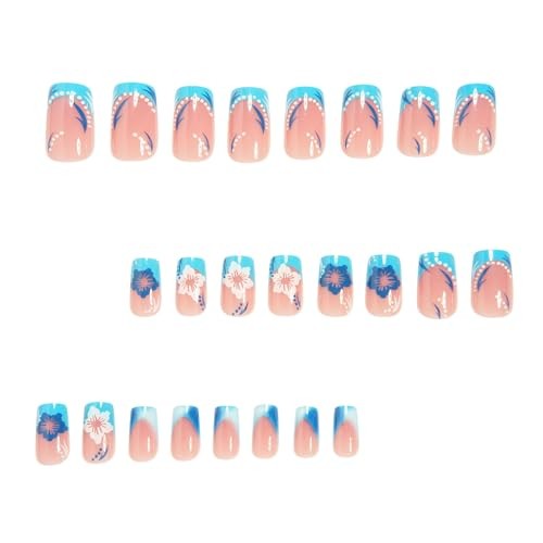 Press on Square Nails – Short Length Glossy Full Cover – Blue, French, Floral