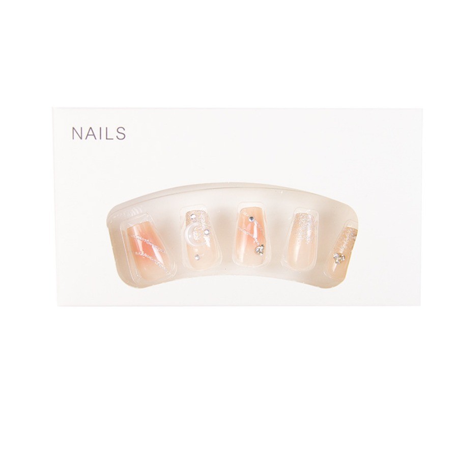 48Pcs Moon Rhinestone Silver Glitter Press on Nails, Long Coffin Nude Fake Nails