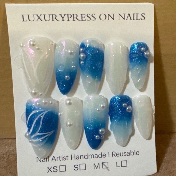 Blue White Ombre Pearl Press On Nails Almond Medium Reusable Glitter