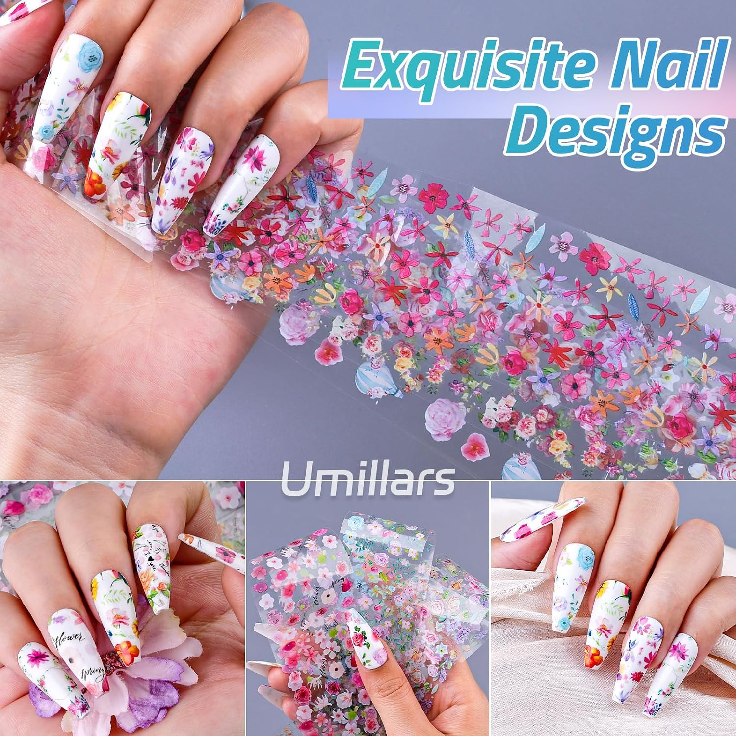 Flower Nail Foil Transfer Stickers, 10 Rolls Holographic Rose Camellia Floral Sp