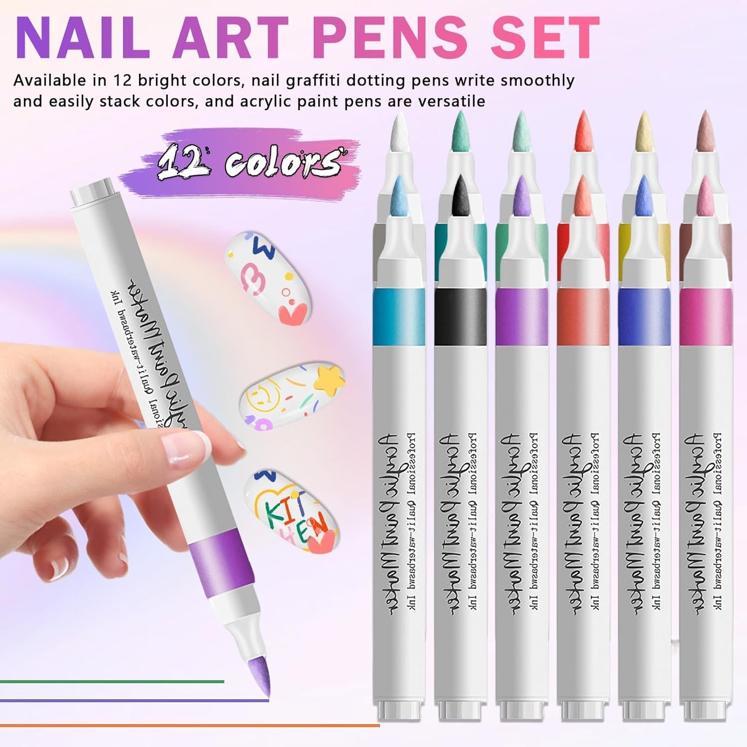 Nail Art Pens Set, 12 Colors Nail Art Markers Polish Pens for Painting Nails, Ac