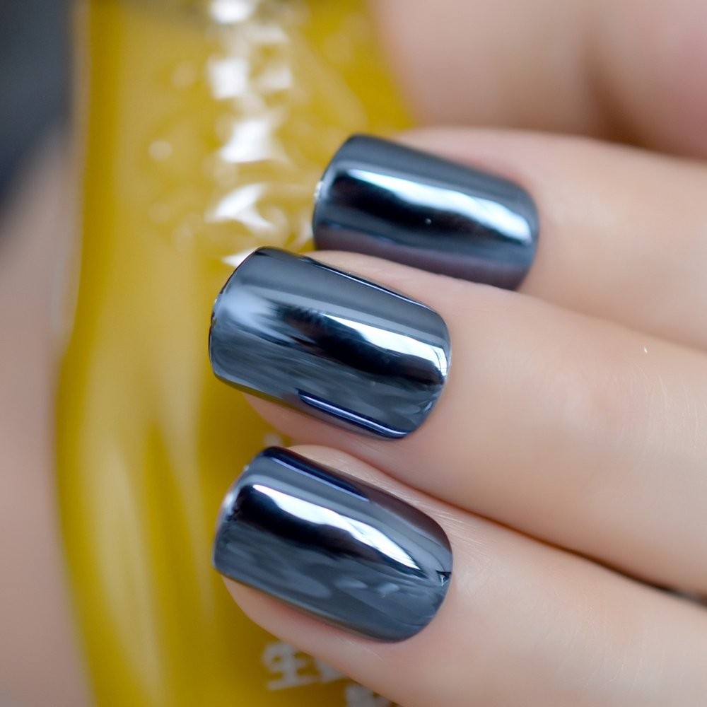 LINSSQ Press on Nails,Ashy Blue False Nails,Beauty Metallic Mirror Ashy