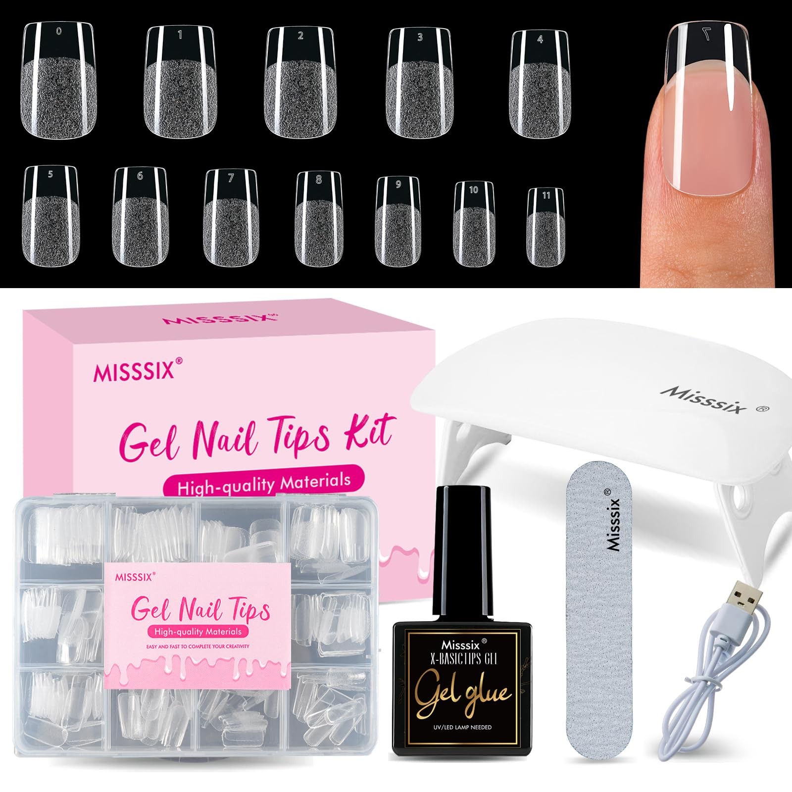 Misssix Short Square Gel Nail Tips Kit, 216Pcs Pre Etched Clear gel x