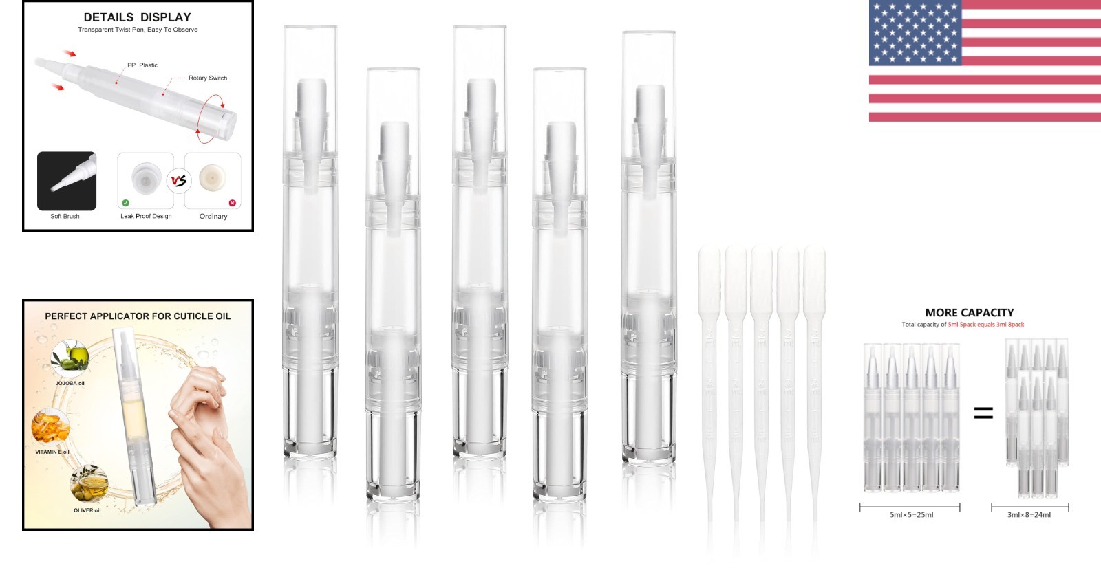 5-Count Leak-Proof Cosmetic Applicators for Oil, Serums & Nail Treatments