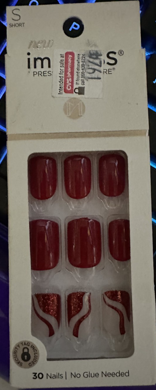 Impress! Kiss Manicure Nails Gloss square RED with glitter swirl accent