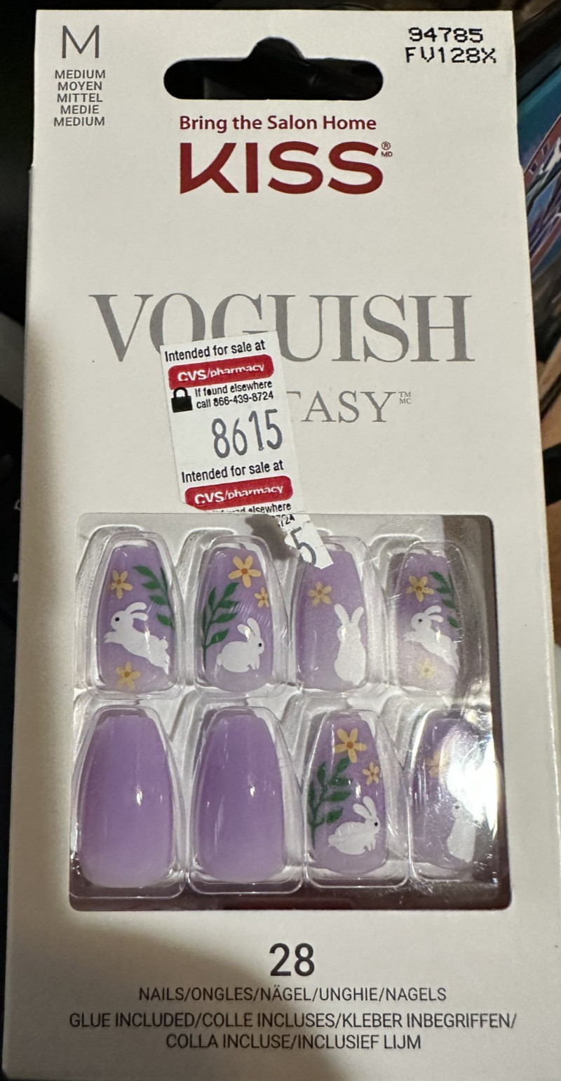 Kiss Nails Purple Medium coffin White Bunny rabbit yellow flower Gloss