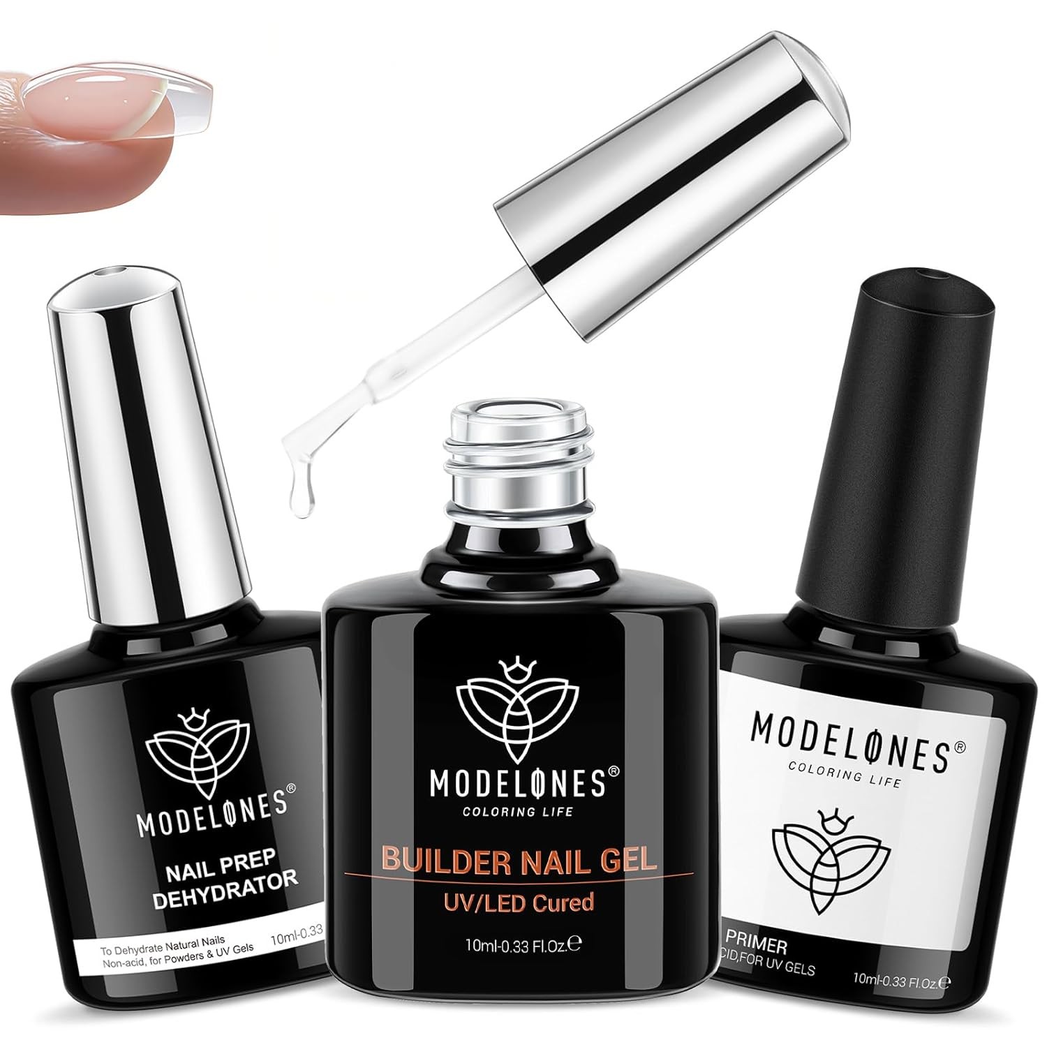 modelones Nail Dehydrator and Primer & Builder 0.33 Fl Oz (Pack of 3), Clear