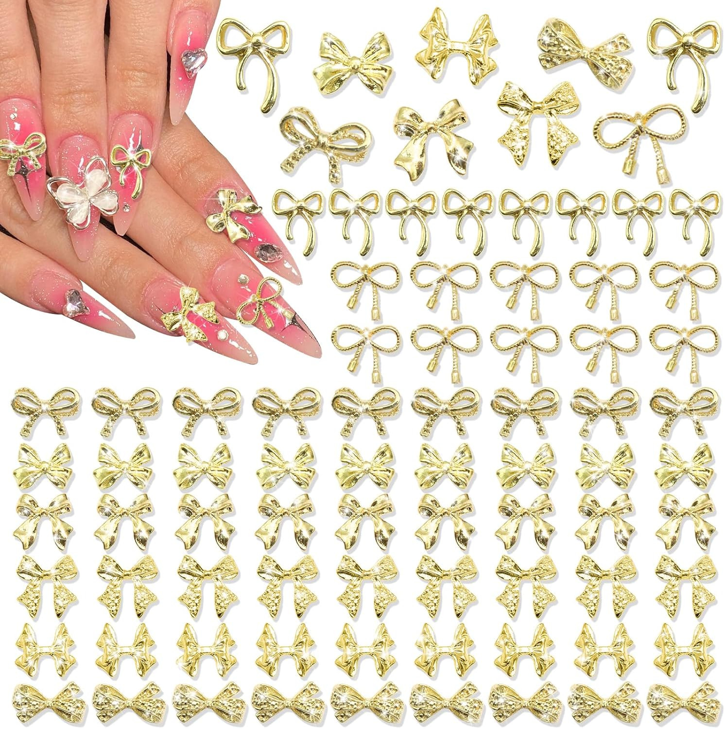 80PCS Gold Bow Charms 8 Styles Metal Alloy Bowknot Gems 3D Nail Art Decoration C