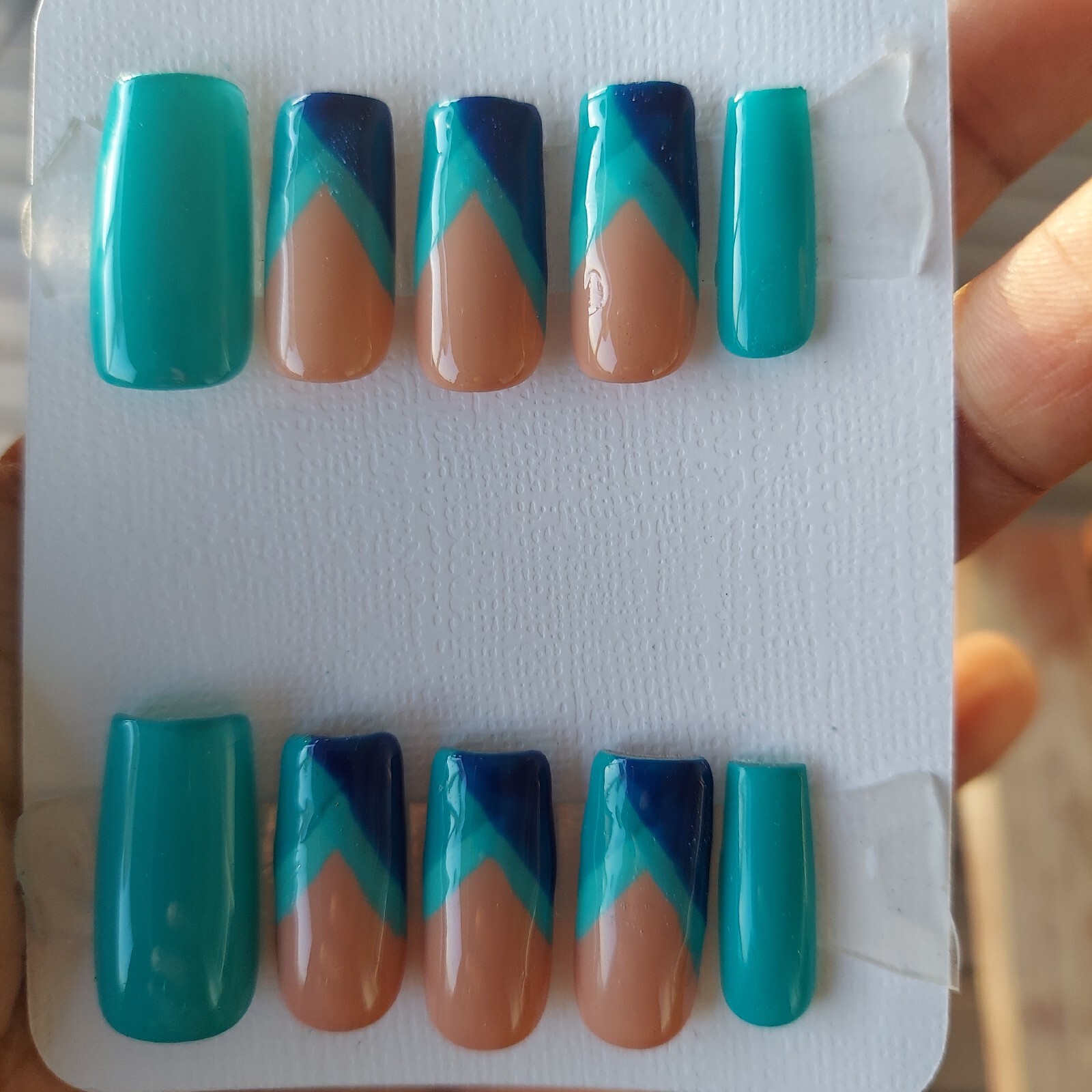 Blue Teal Turquoise Green Medium Long Square Press on Nails