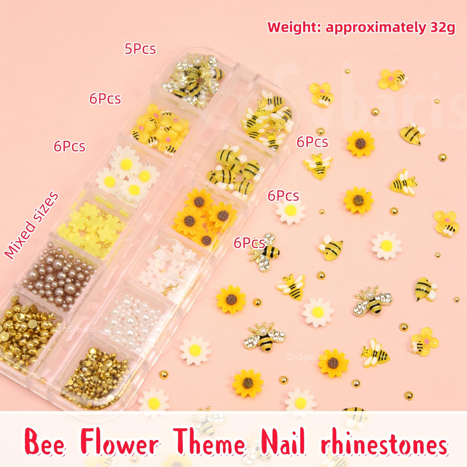 12 Grids Tiny Bee Nail Art Charms Resin Cartoon Daisy Flower Nail Gems 3D Gol…