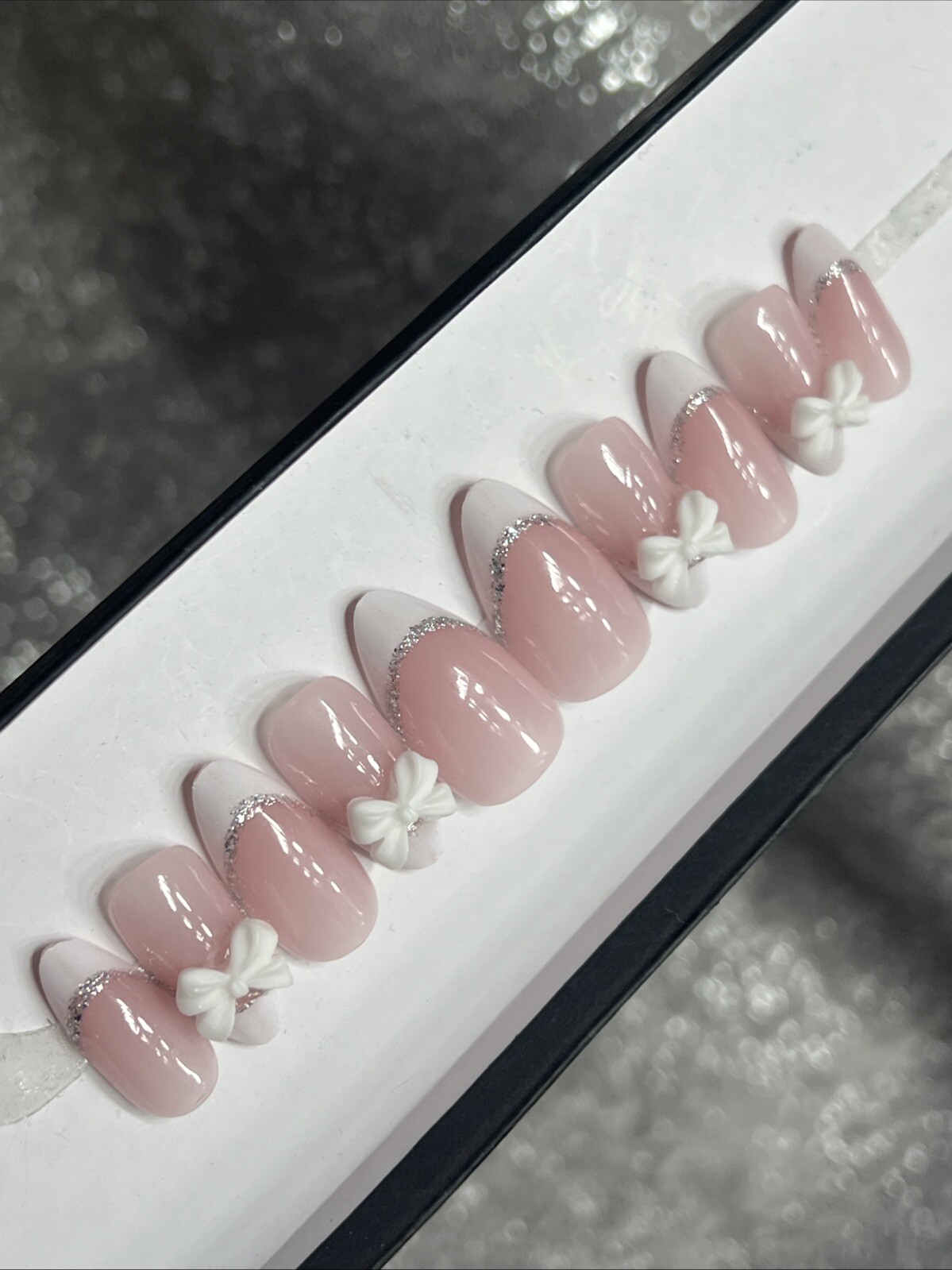 🎀 CUSTOM Hard Gel Press On False Nails, FRENCH BOW 10p Set Medium Almond W Kit