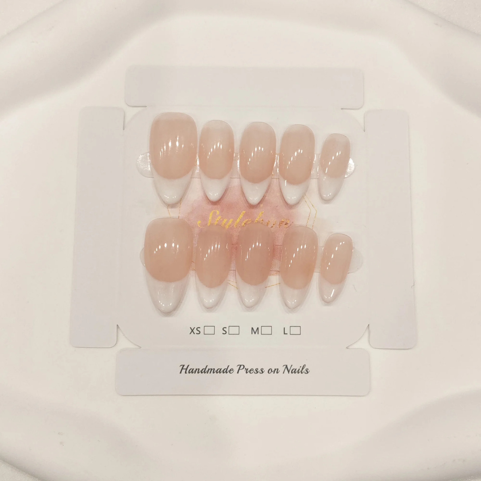 10pcs Handmade Press On Nails Classic French Almond Cat Eye Nude Full Coverage
